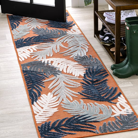 JONATHAN Y HAWAII 2 x 8 Runner Rug, Montego Tropical Palm - Orange/Navy/Ivory, HWC101A-28