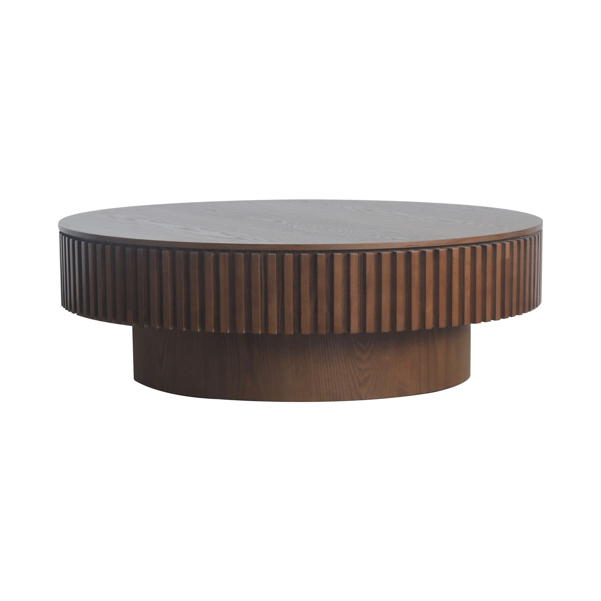 39.37" Round Coffee Table with Storage, Fluted Modern Coffee Table with Hidden Storage, Wood Veneer Center Table for Living Room, Walnut