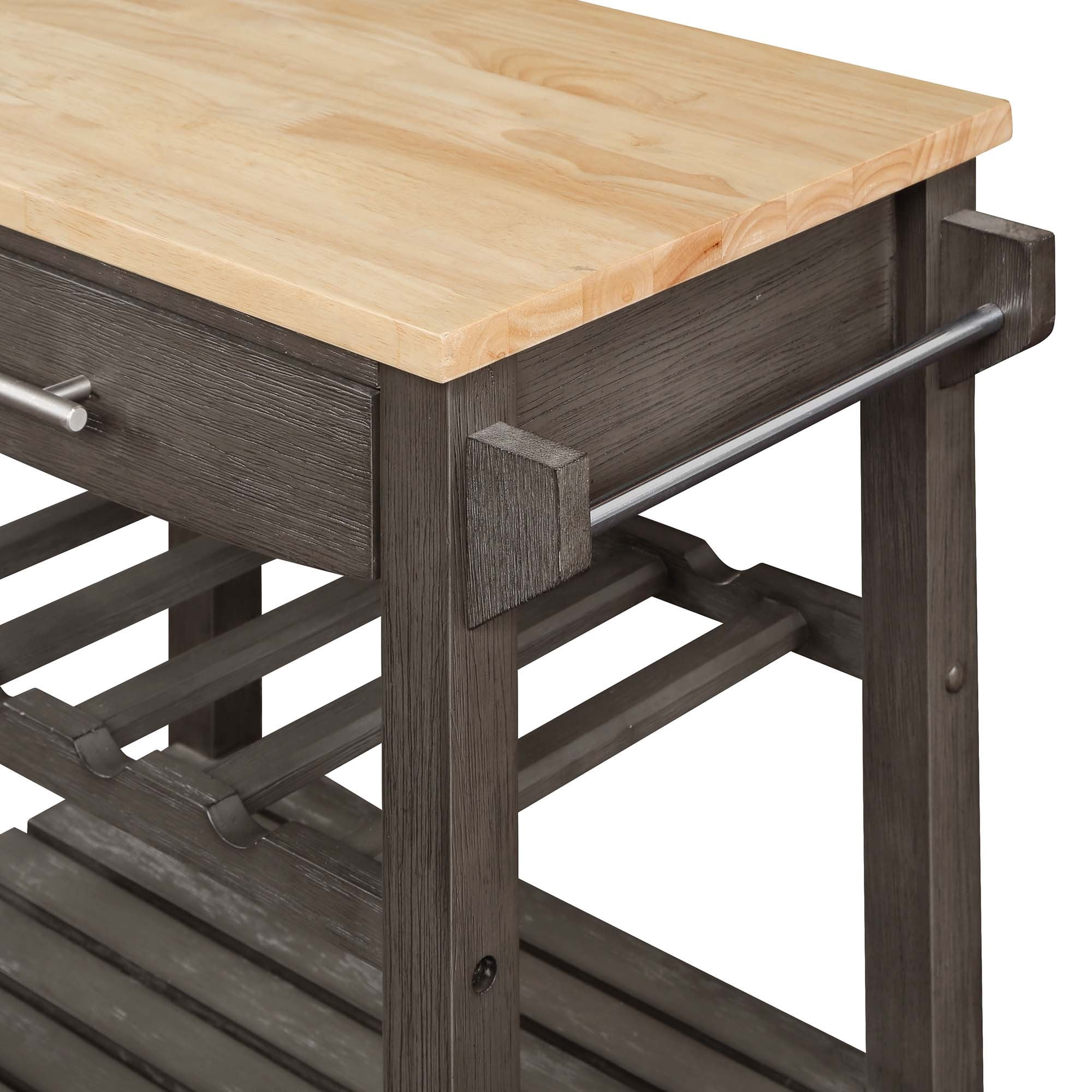 Ellaine 4 Tier Butcher Block Kitchen Cart with Drawer and Wine Rack, Wirebrush Dark Gray/Butcher Block
