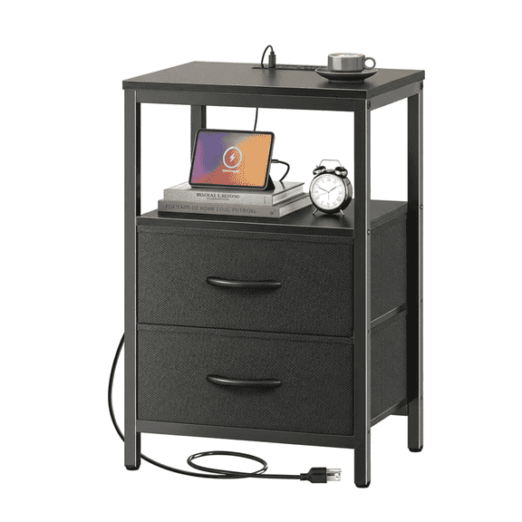 Resenkos Small Bedside Table with Charging Station and 2 Fabric Drawers, Versatile Side Table for Bedroom and Living Room, Black