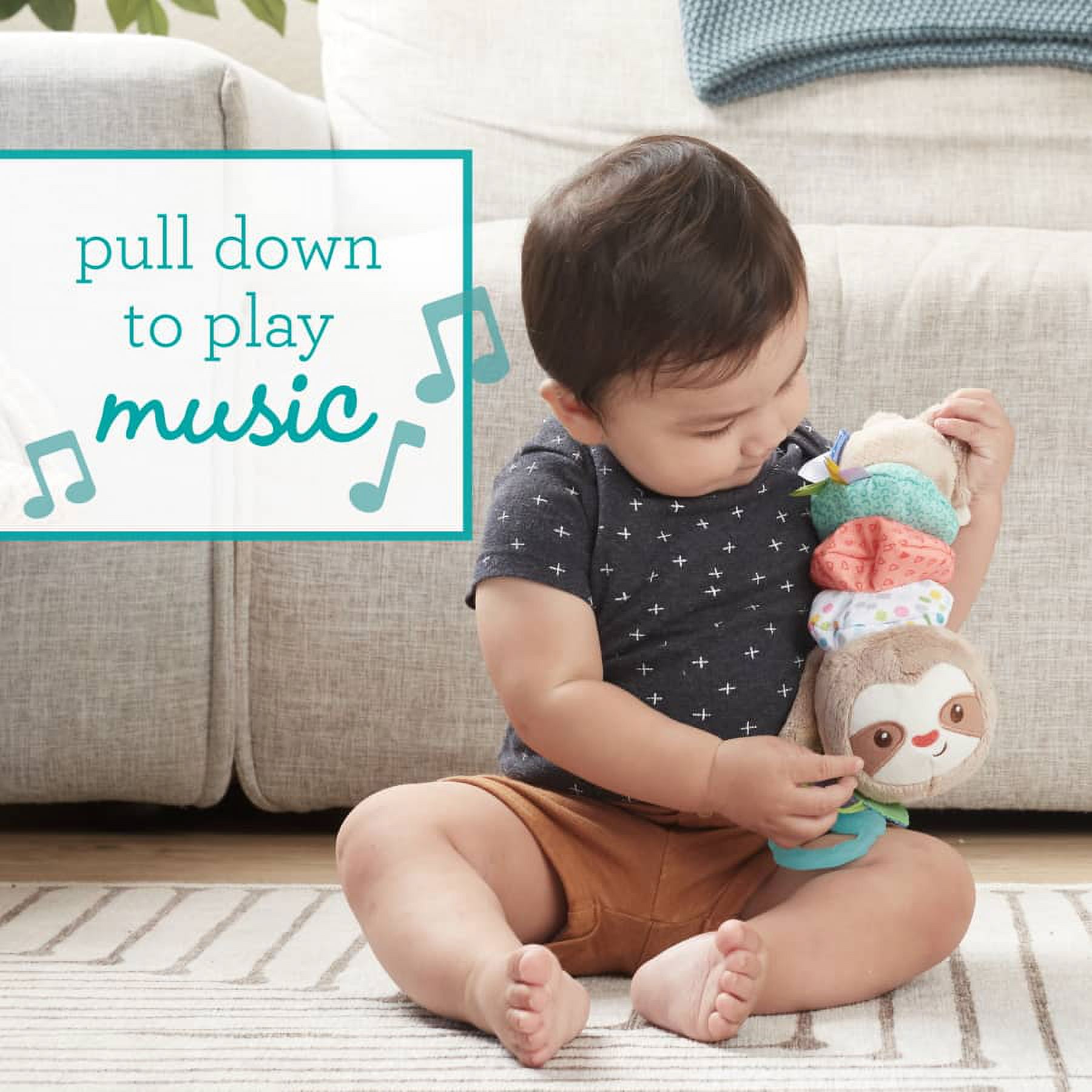 Infantino Music & Motion Pulldown Sloth, Hanging Plush Toy, BPA-Free Teether for Babies 0+ Months