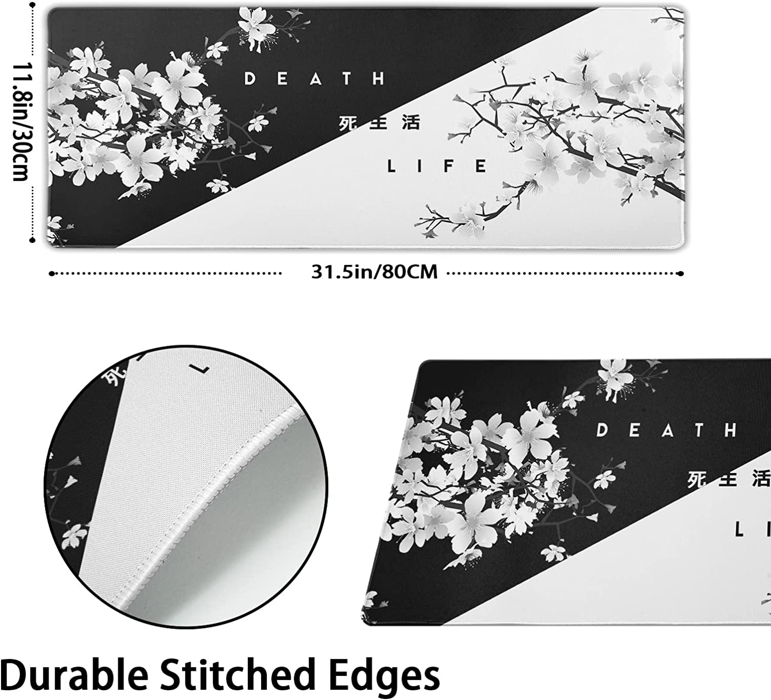 Black White Cherry Blossom Mouse Pad Japanese Sakura Death Life Extended Desk Mat 80X30 cm Non-Slip Rubber Base Stitched Edge Large XL Playmat for Gaming Laptop Computer PC Desktop,31.5×11.8 Inch