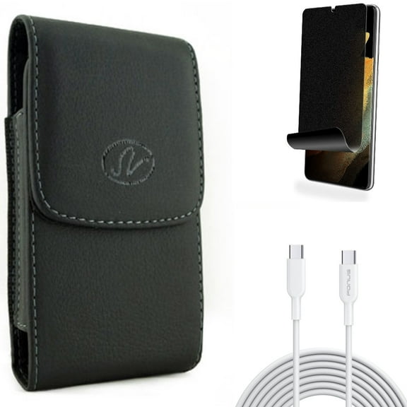 Case Belt Clip & 10ft Long Type-C Cable & Privacy Screen Protector for Samsung Galaxy S22 Plus (S22 ) - Combo Leather Holster Cover & Fast Charger Cord PD Power & TPU Film (Fingerprint) Anti-Peep