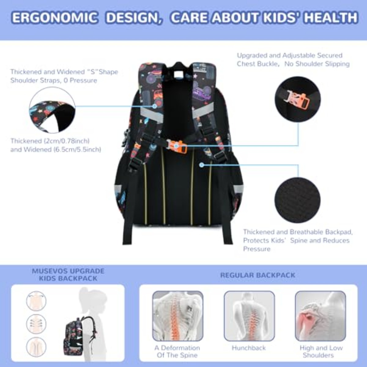 Mochila para niños con estampado de autos, para primaria, ligera, impermeable, para adolescentes, negra 2