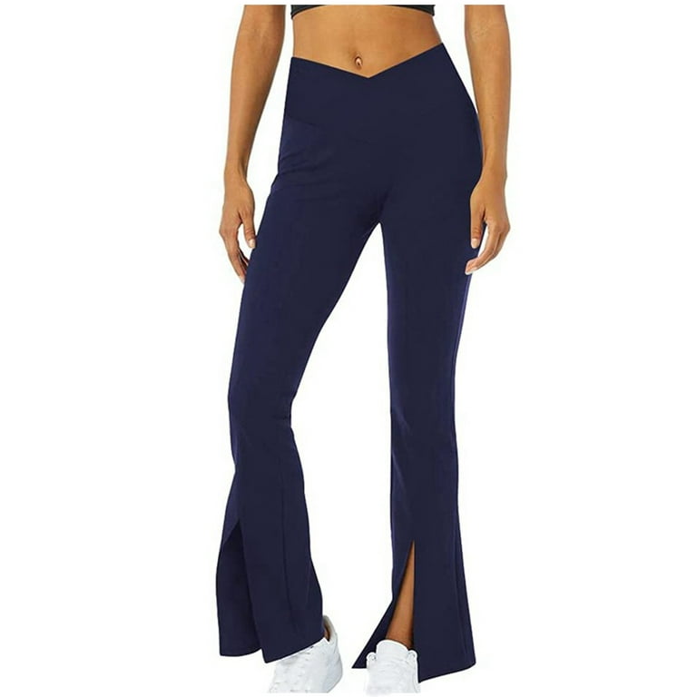  Flare Yoga Pants For Women - Pockets Crossover Flared Leggings  High Waist Tummy Control Workout Bootcut Leggings Navy Blue
