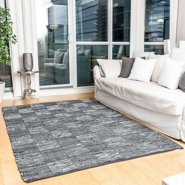 Fabstyles Checkerboard Denim Leather Handmade Area Rag Rug for Living Room, Hallway, Patio