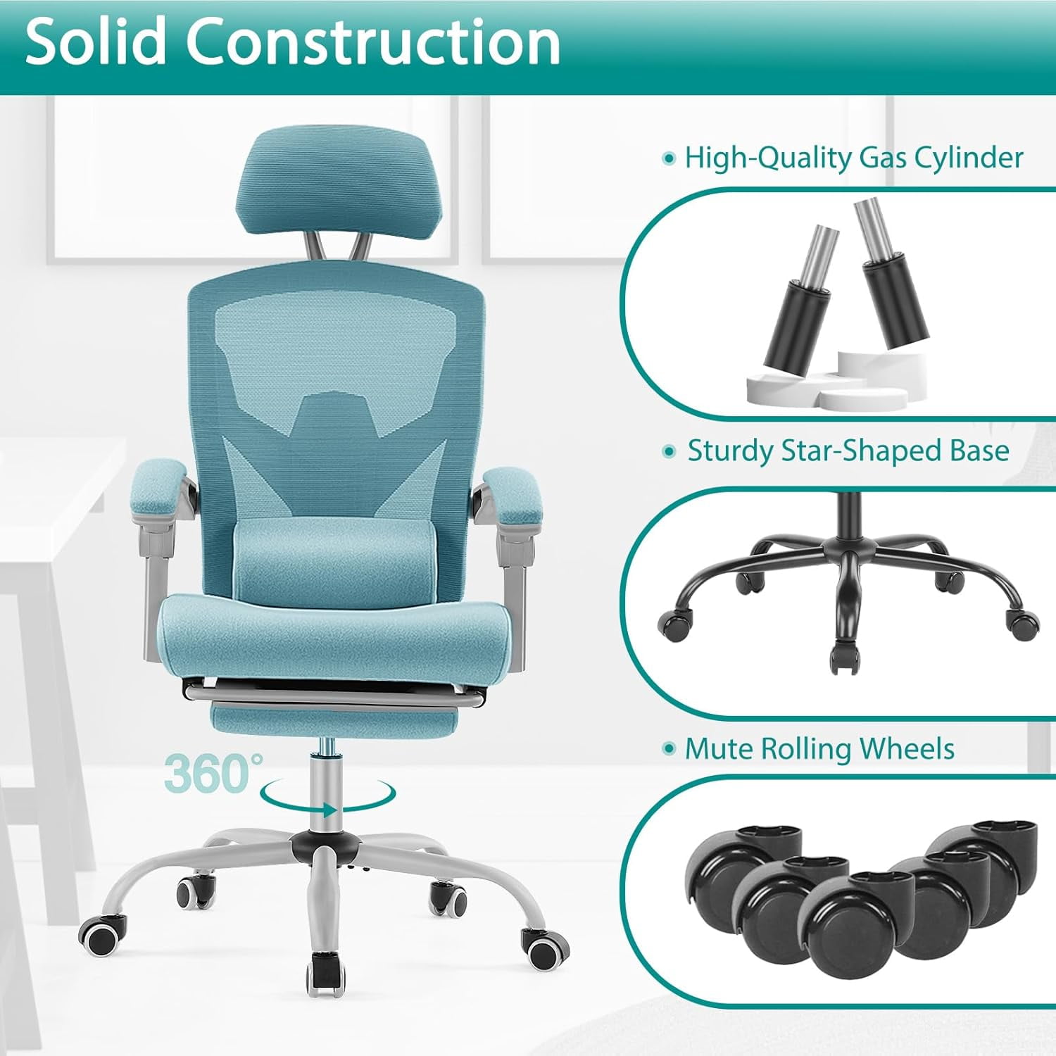 Atilioo Ergonomic Office Desk Chair with Adaptive Lumbar Support, Headrest & Retractable Footrest, Breathable Mesh Rolling Swivel Chair for Back Pain Relief, Blue