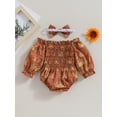 thumbnail image 2 of nvzhuang Infant Baby Girl Jumpsuit Set Sun Print Off Shoulder Long Sleeve Romper + Bow Headband, 2 of 9