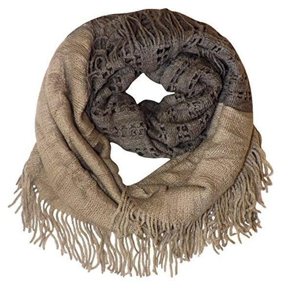 Peach Couture Warm Bohemian Crochet Hand Knitted Fringe Infinity Loop Scarf Wrap Taupe Square