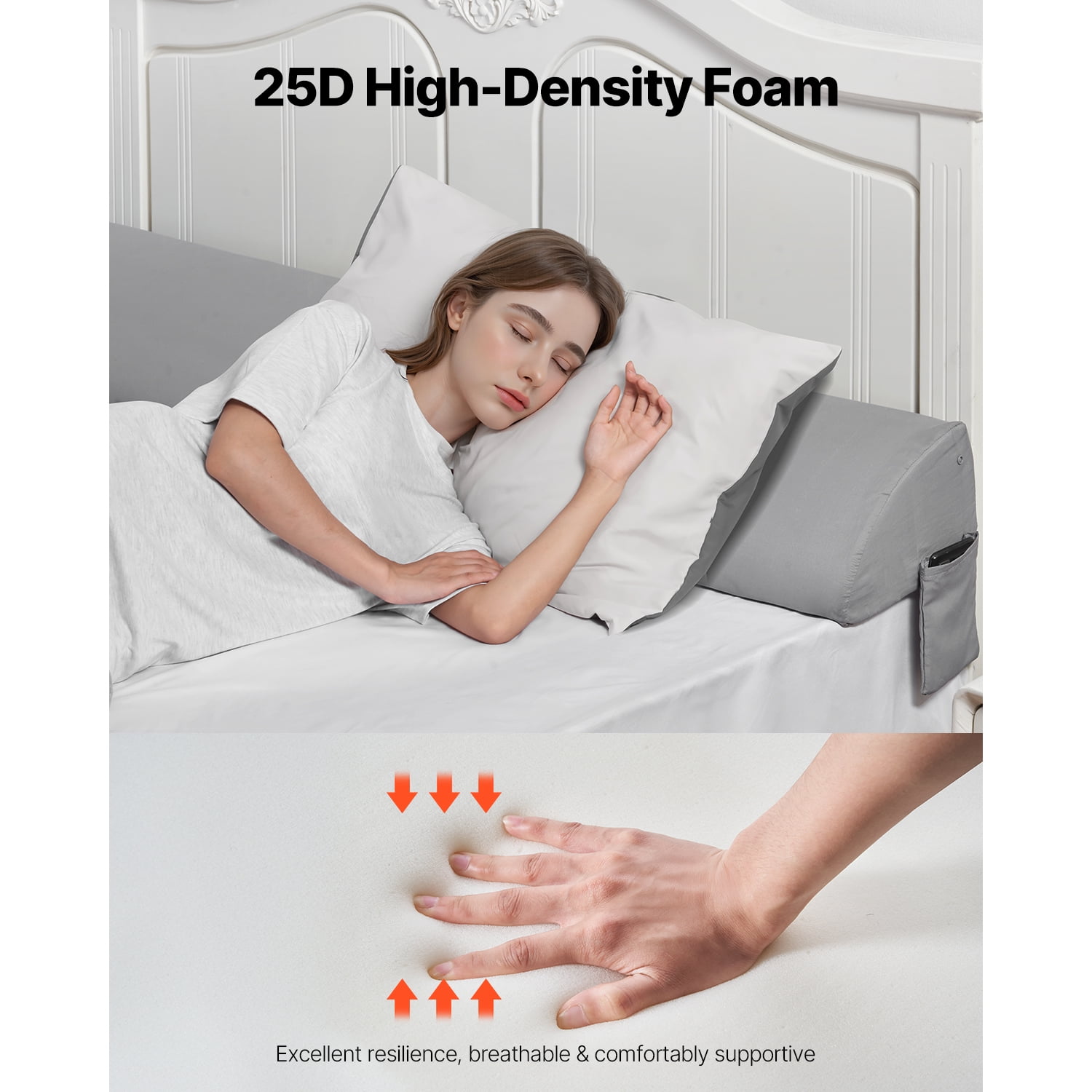 KFFKFF King Size Bed Wedge Pillow, 72"x10"x6" Gap Filler for Headboard, Adjustable Foam Pillow to Fill 0-7" Gap Between Mattress and Headboard, Includes Side Pocket, Gray