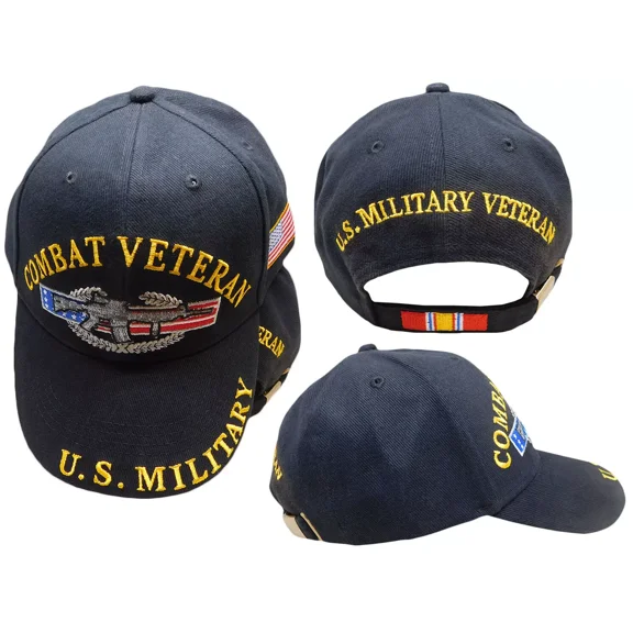 Combat Veteran U.S. Military USA Flag Gun Ribbon Black Embroidered Cap Hat