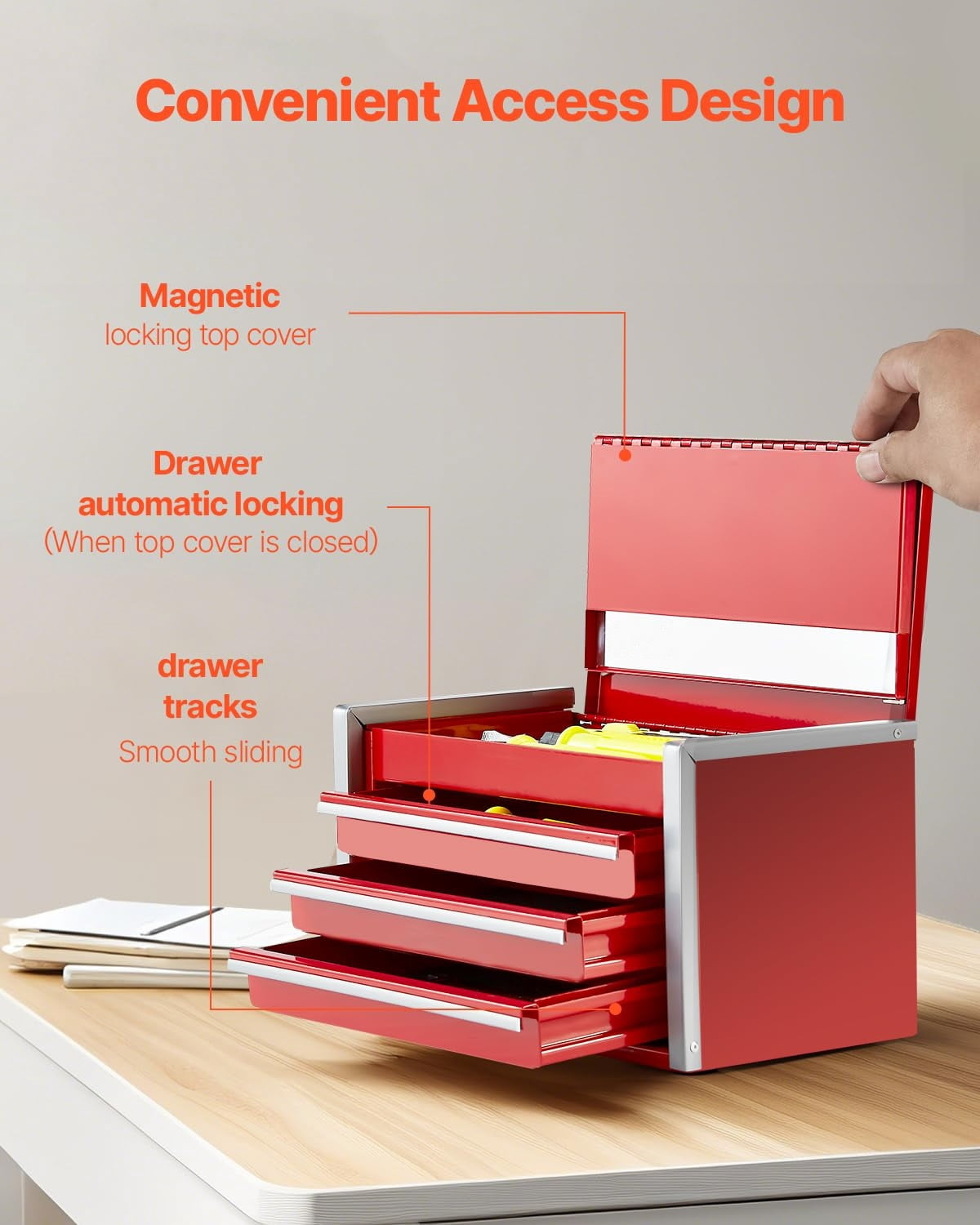 Metal Tool Box, 8.6-inch, Portable Metal Tool Box with 3 Drawers, Small Tool Chest with EVA Liners and PP Feet Pads, Heavy-Duty Steel With Ball Bearing Opening and Powder Coated Finish, Red
