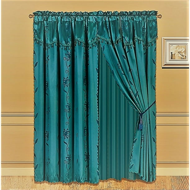 NADA TEAL TURQUOISE COMPLETE WINDOW CURTAIN SET 2 panels faux silk LEAF FLORAL 2 PANEL solid