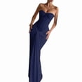 thumbnail image 3 of Women'S Evening Gown Waist Tie Slim Fit Ribbon Strapless Dress Elegant Formal Party Maxi Cocktail Dark Blue L, 3 of 9