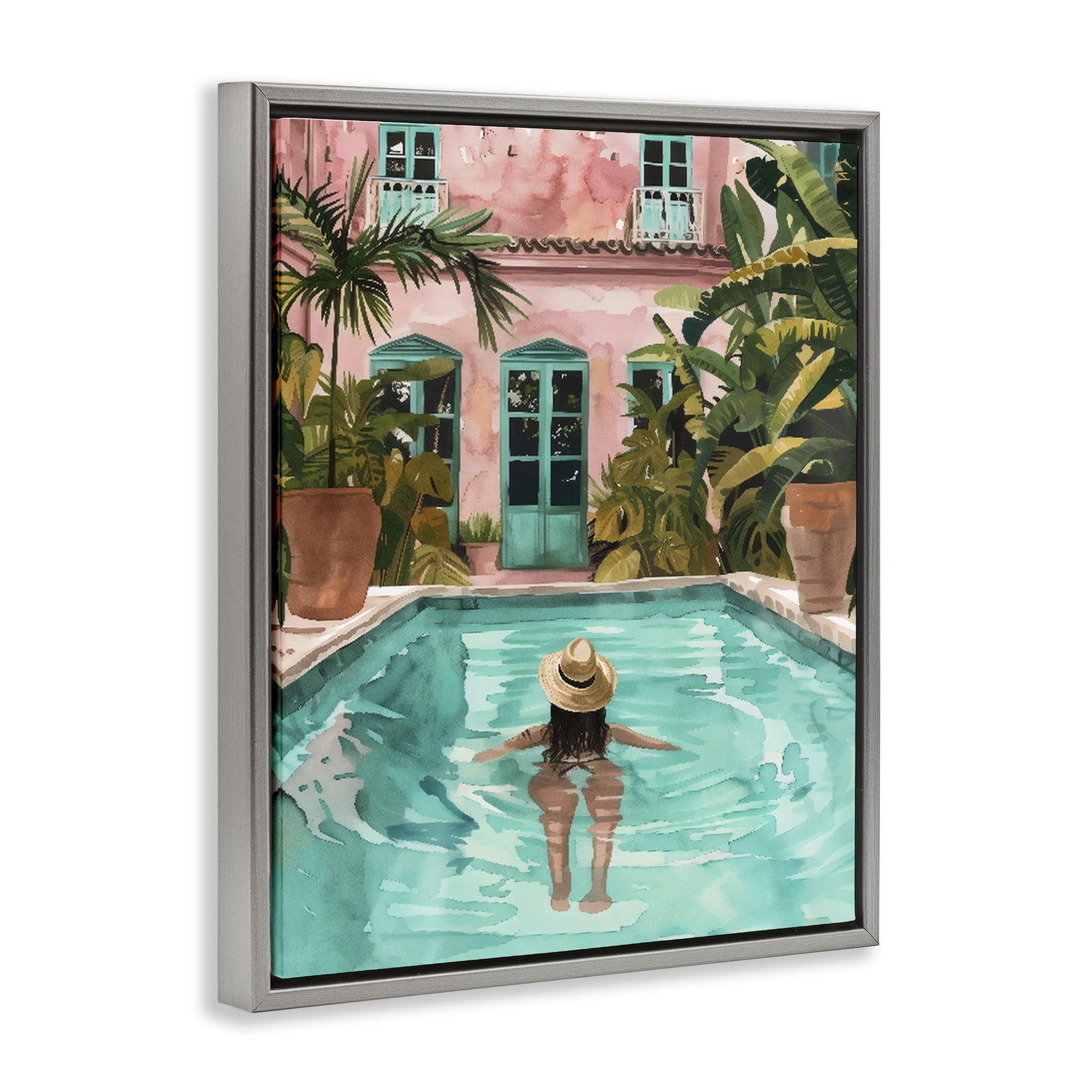 Stupell Industries Girl Swimming In Pool Gray Framed Floater Canvas Wall Art, design by The Prints Vibe