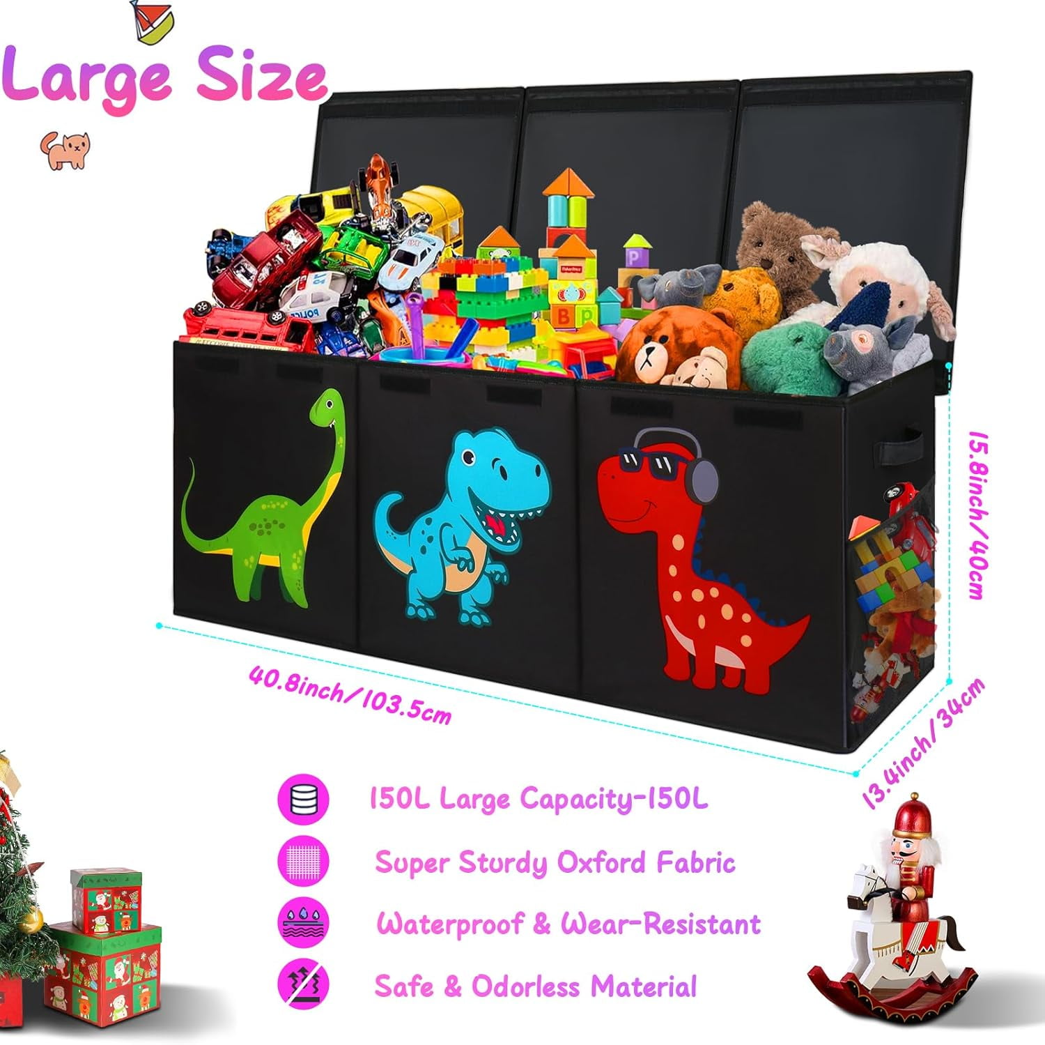 Toy storage box with lid, dinosaur toy box, unisex, 40" x 16" x 16" size, suitable for living room, playroom, bedroom, nursery.
