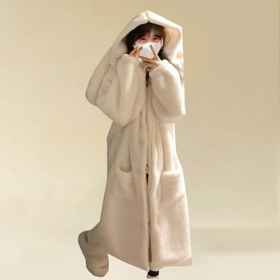 Fanxing Womens Hooded Plush Robes Fuzzy Fleece Spa Bathrobe Thick Winter Pajama Cute Spa Robe Lounge Housecoat Pockets 002-White 2XL
