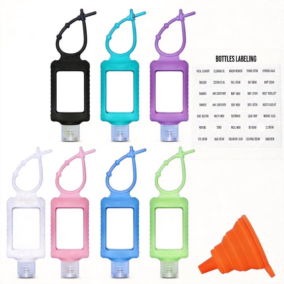 7-Pack Leak-Proof Travel Bottles Set, Clear Plastic Containers with Protective Silicone Sleeves and Flip Caps, Includes Bottle Labeling, Portable 60ml (2oz) Size for Toiletries