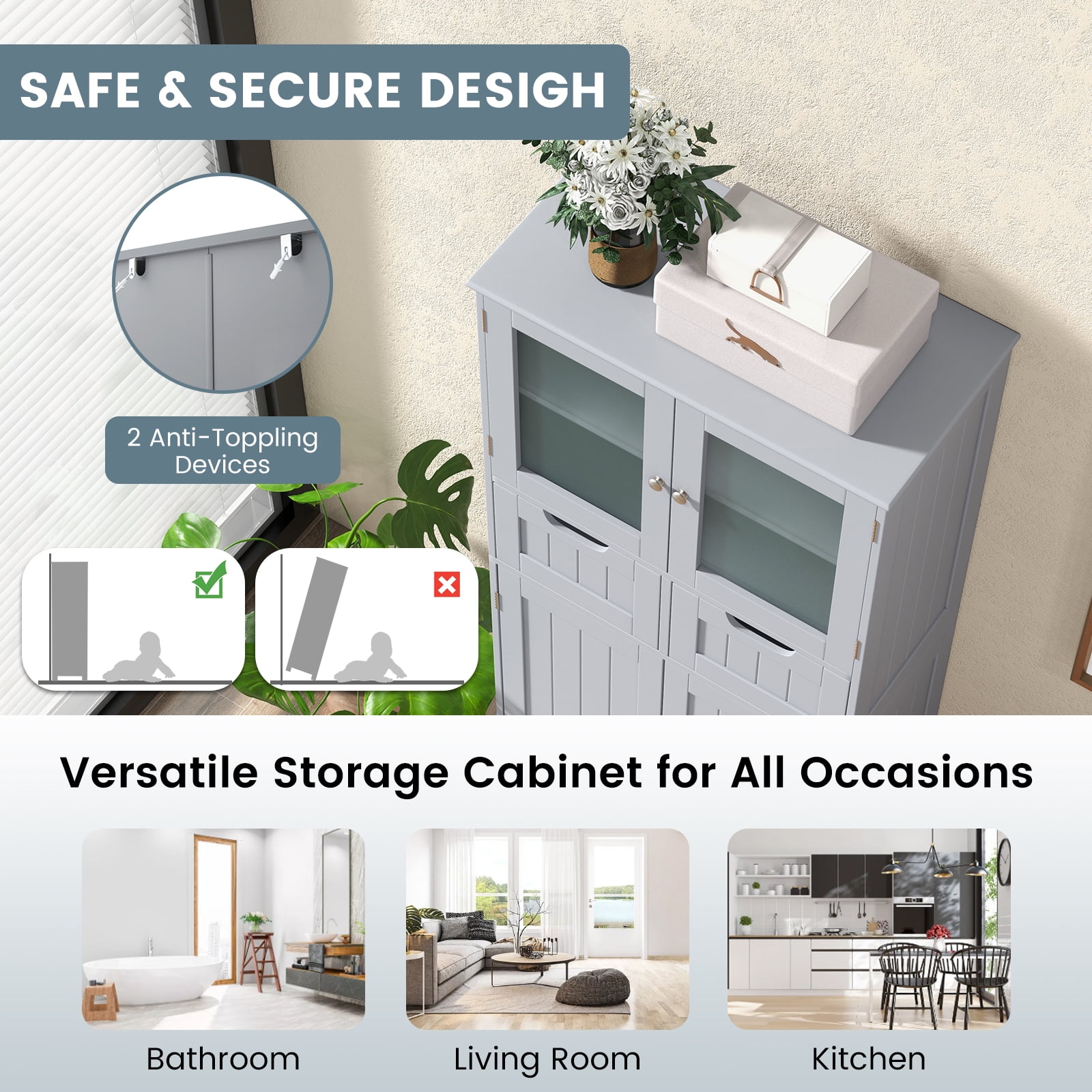 Giantex Freestanding Bathroom Storage Cabinet, Tall Linen Floor Cabinet w/Adjustable Shelves, Grey