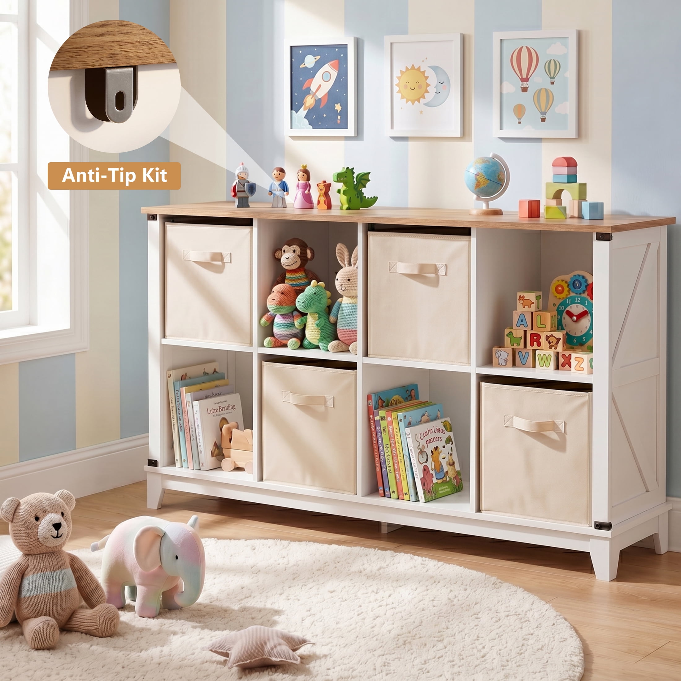 Prilinex Farmhouse 8-Cube Storage Organizer with 4 Storage Bins, Low Wooden Cube Bookshelf, Horizontal Bookshelf for Living Room Entryway Bedroom, White