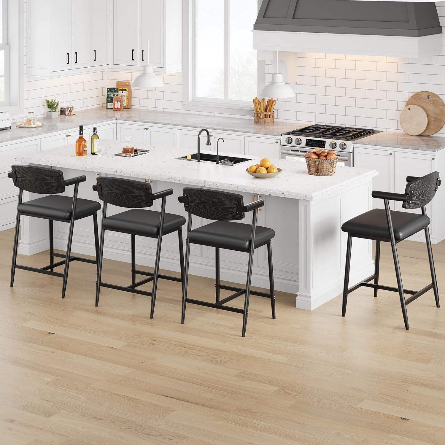 Juiluna Counter Height Bar Stools Set of 2 With Arms,26" Upholstered Bar Stools With Back, Wider Seat, Modern Bar Stools Set With Footrest for Kitchen Island, Counter Bar,Easy Assembly,Black/Brown