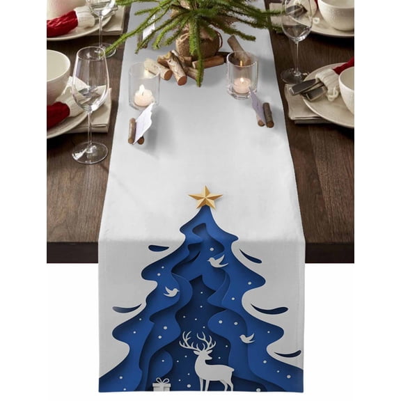 Christmas Table Runner Blue Star Xmas Tree Table Runners Elk Deer Reindeer Bird Snow Cotton Linen Dresser Scarf Kitchen Dining Table Decor for Christmas Holiday Party Decor 13x36 Inch