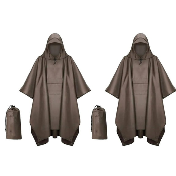 AUQ 2Pcs Rain Poncho 100% Waterproof PU Coated Rain Ponchos for Adults,Extra-large Outdoor-Ready Ponchos Adult with Waterproof Big Pockets,Brown