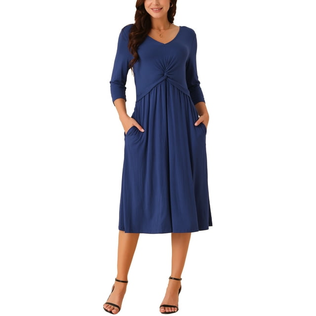 Vestido midi A-line de mujer INSPIRE CHIC 2024 con nudo en la parte delantera, escote en V, mangas 3/4 y bolsillos, azul oscuro S