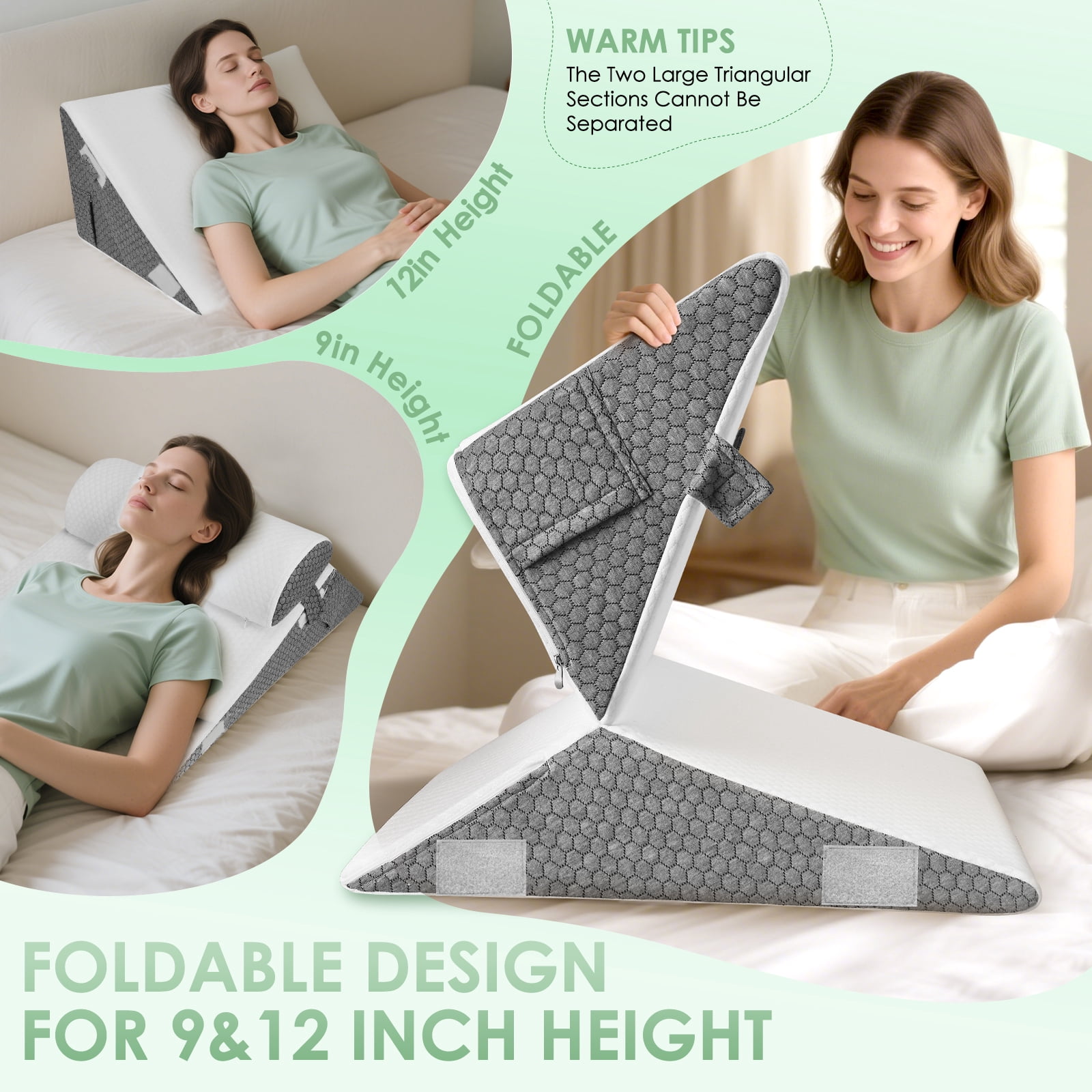 AMTPM Adjustable Wedge Pillow, 2 Heights (9" & 12") Cooling Gel Memory Foam Wedge Pillow Set with Roll Pillow for Acid Reflux, Snoring, Back Pain Relief