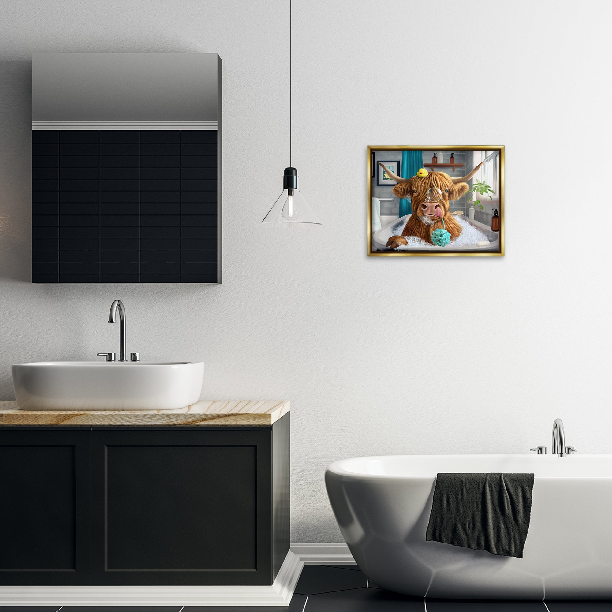 Stupell Industries Highland Cow Bubble Bath Bath & Laundry Painting Gold Floater Framed Canvas Art Print Wall Art, 21 x 17
