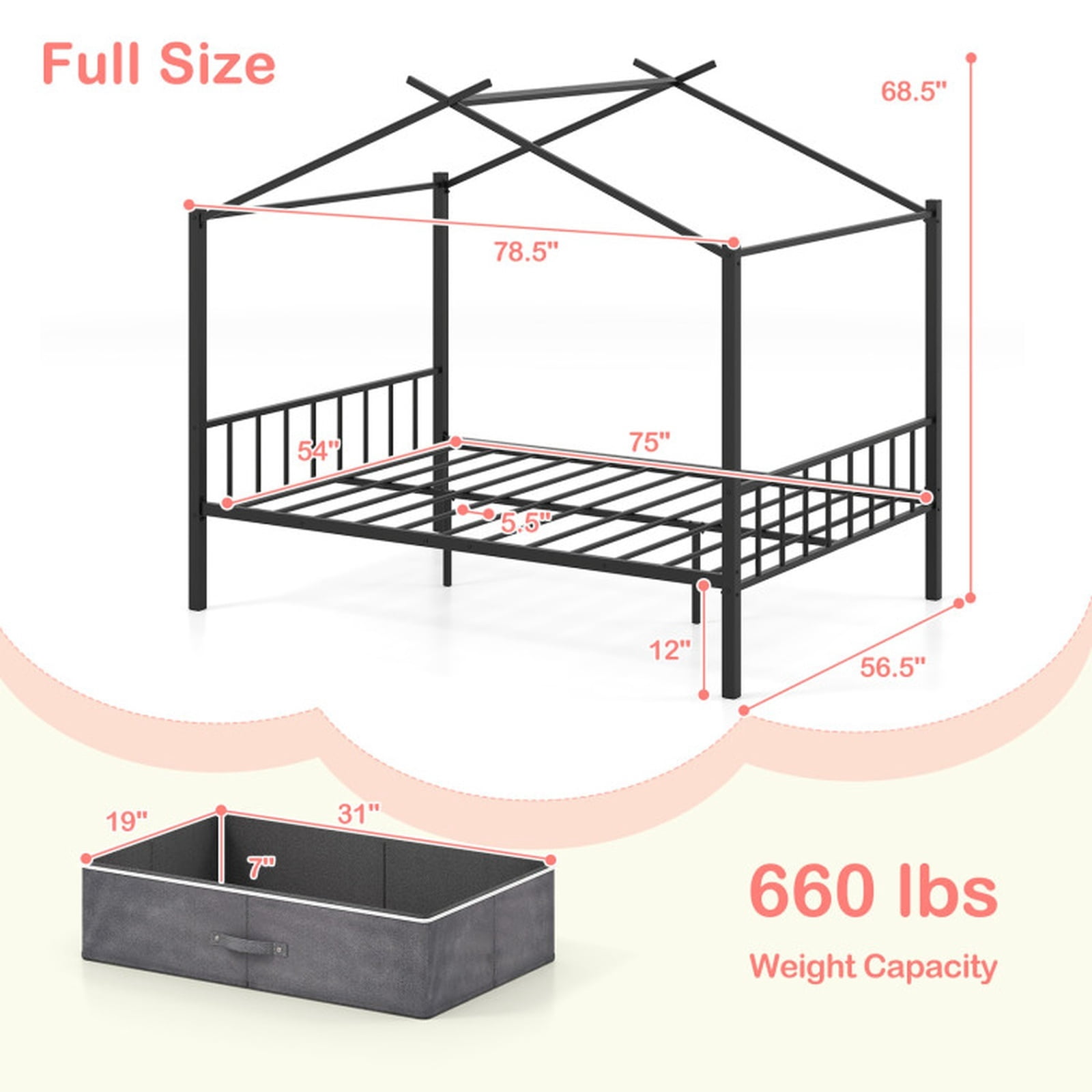 Furnibear Full Metal House Bed with 2 Foldable Fabric Drawers 12 Heavy Duty Slats 660 lbs Capacity Noise Free Foam and Anti Slip Foot Pads, Black