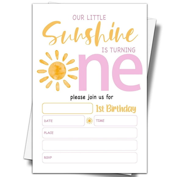 Sunshine Ensemble d'Invitations pour 1er Anniversaire, 20 Cartes d'Invitation Colorées avec Enveloppes, 4 Pouces x 6 Pouces Adorable Tu Es Mon Thème Sunshine pour Célébrer le Jalon de Ton Petit
