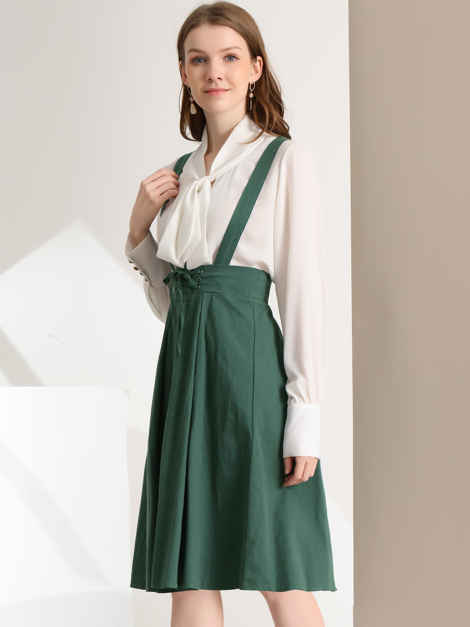 DARING DIVA Women's Cute High Waist Suspender Skirt Mini Dress S Dark Green