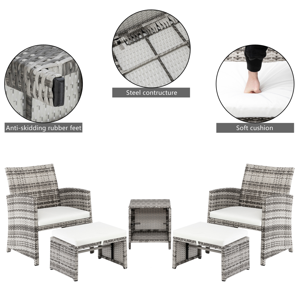 5Piece Wicker Patio Chair with Ottoman Set, BTMWAY Gray Cushioned Bistro Patio Set Rattan Deck Chair with Side Table, Cushioned Outdoor Furniture Set for Patio Porch, R258 - image 4 of 10