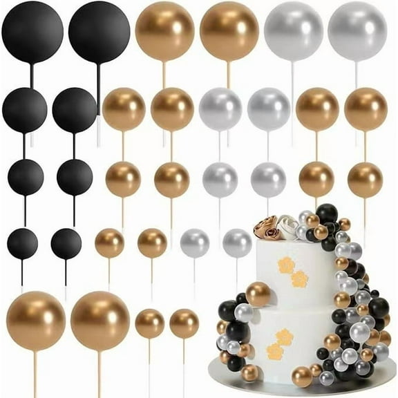 32 Pcs Ball Cake Topper Decorations Mini Balloons Cake Topper Sticks Foam Balls Cake Picks Cake Topper Balls Cake Decorations for Wedding Party Birthday Cake Decorating，Black - Gold