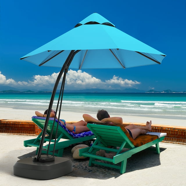 Gymax Parasol Suspendu Déporté de Patio 11 Pi à Pousser à la Main avec Roues, Base, Turquoise