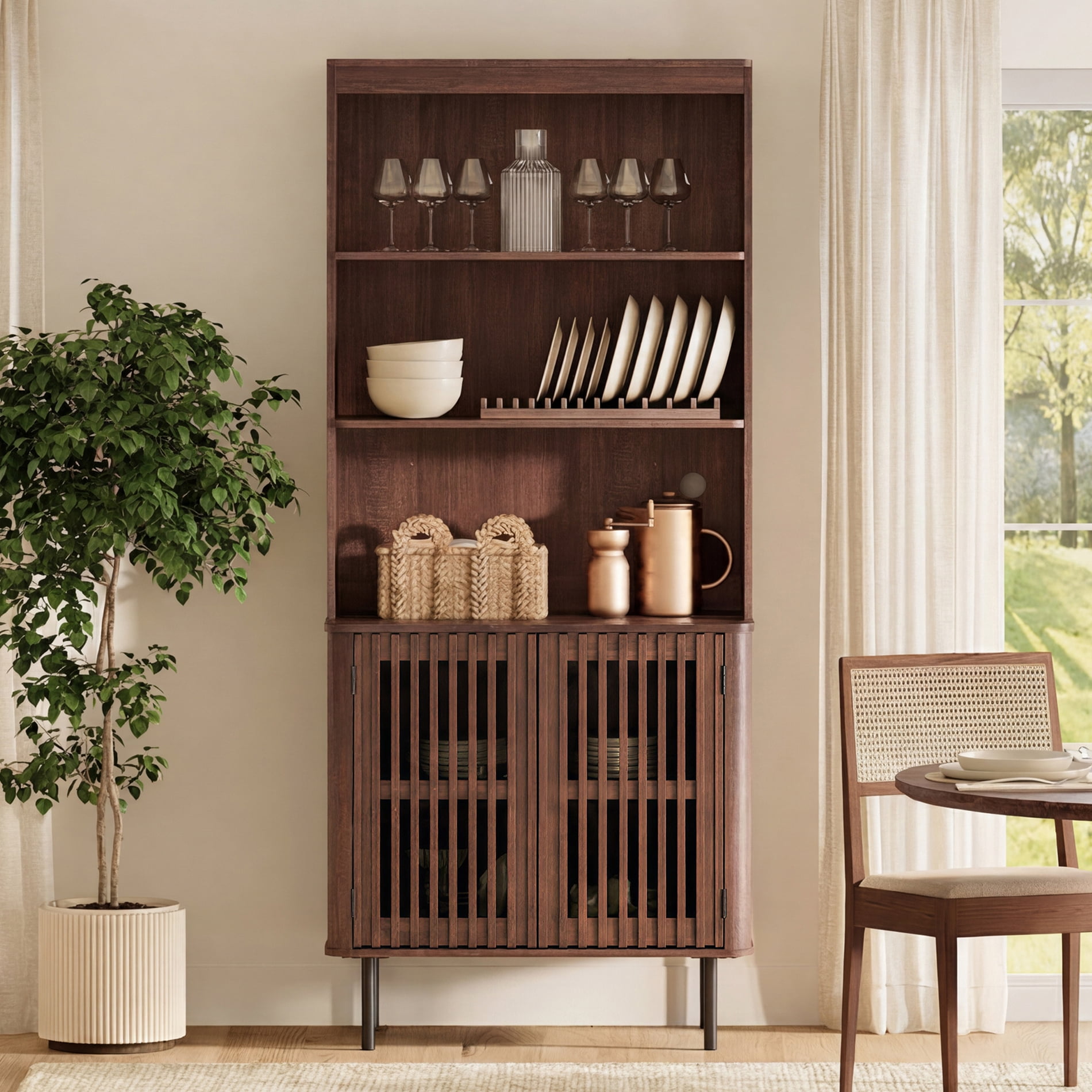 WAMPAT 72.8" Tall 5-Tier Bookshelf with Doors, Modern Bookcase with Storage, Adjustable Shelves, Wood Storage Cabinet, Walnut，3 PCS