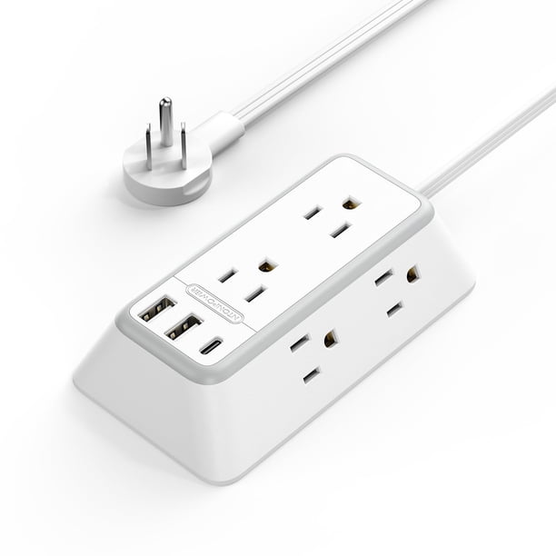NTONPOWER Tiras de alimentación Enchufe plano con protección contra sobretensiones, cable de extensión montable con USB C, protector contra sobretensiones cable de extensión largo, blanco
