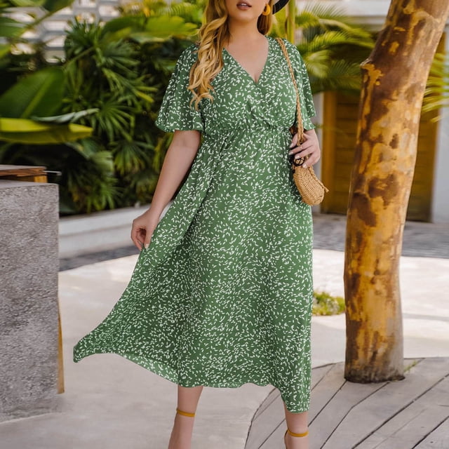 Jusqu'à 65 % de Rabais! Robes d'Été Mode pour Femmes 2024 Grande Taille Manches Courtes Col en V Ample Longue Robe