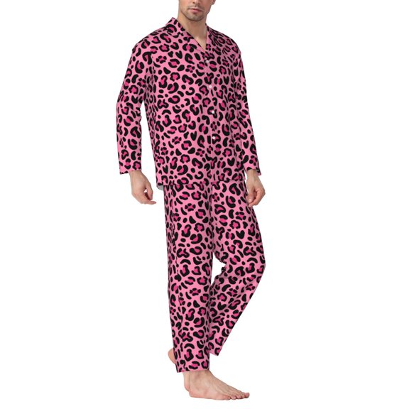 Mens Pajamas Set - Pink Cute Leopard Print Comfy Long Sleeve Button Up Pajama Sets for Men 2 Piece, Soft Sleepwear Nightwear Pjs Lounge Sets for Men with Pockets