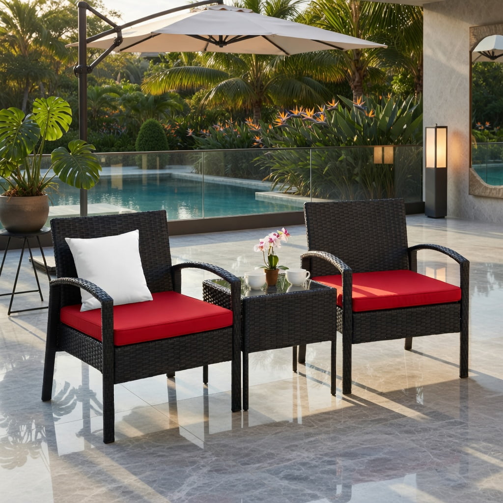 Hommoo 3-Piece Outdoor Wicker Patio Conversation Set, Rattan Chairs + Red Cushions + Tempered Glass Table for Backyard, Balcony & Poolside, Red