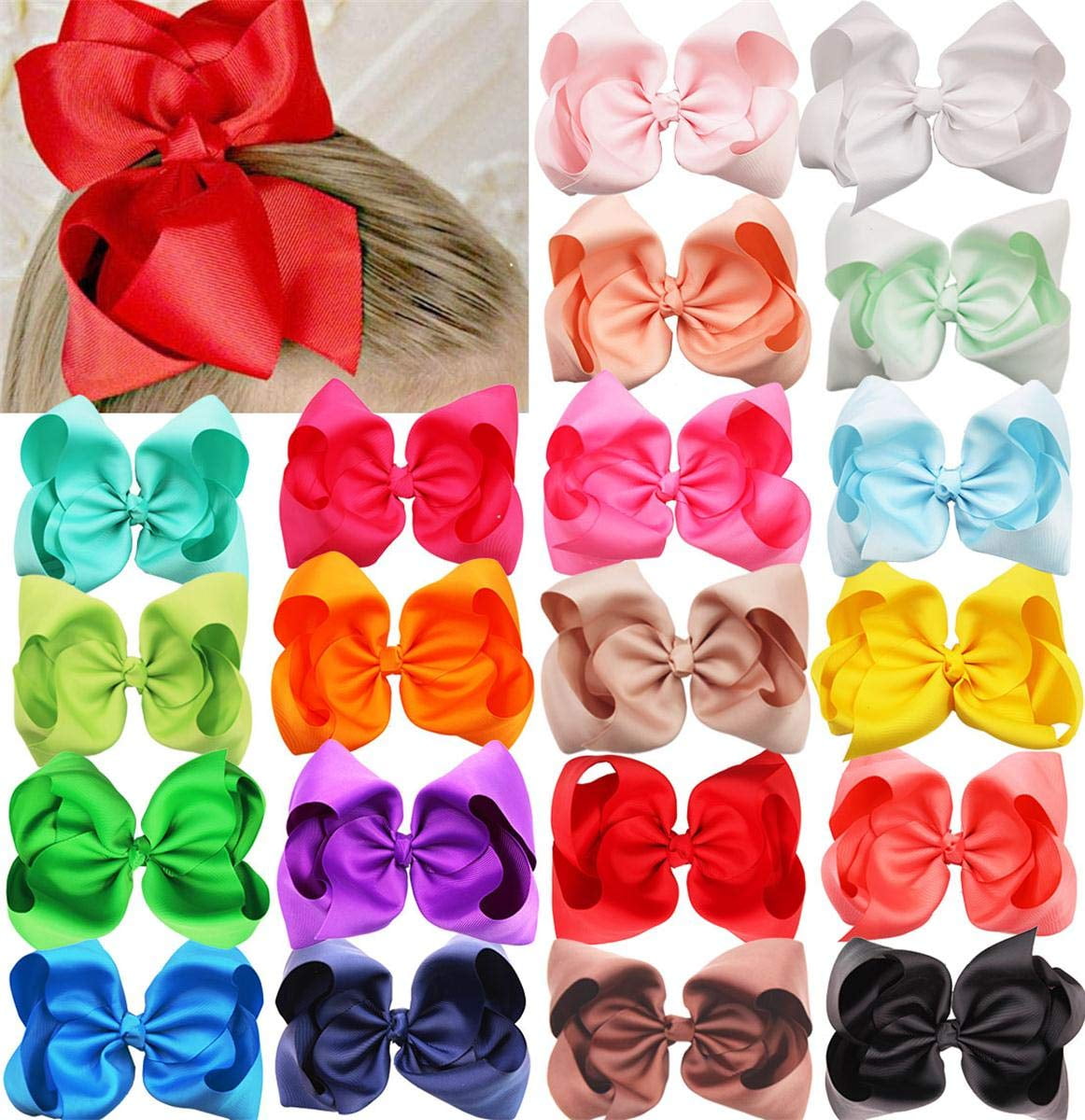 JMH 20 Pcs 6' Girls Hair Bows Clips Boutique Grosgrain Ribbon Big Large Bows Alligator Hair Accessories For Toddlers Teens Kids