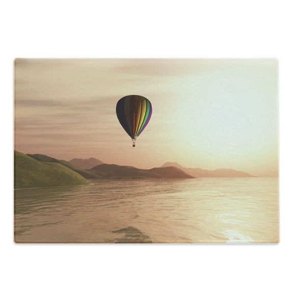 Hot Air Balloon Cutting Board, Sunset Seaside Landscape Mountains Waves Reflection, Decorative Tempered Glass Cutting and Serving Board, in 3 Sizes, by Ambesonne