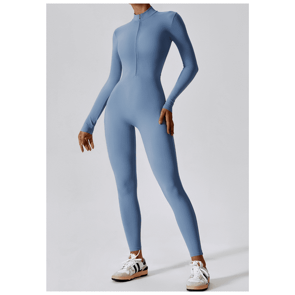 Women’s Long Sleeve Zip Front Full Length Active Bodysuit Stretchy Slim Fit One-Piece Jumpsuit Athletic Workout Yoga Training Suit High Waist Compression Sport Romper for Gym Fitness