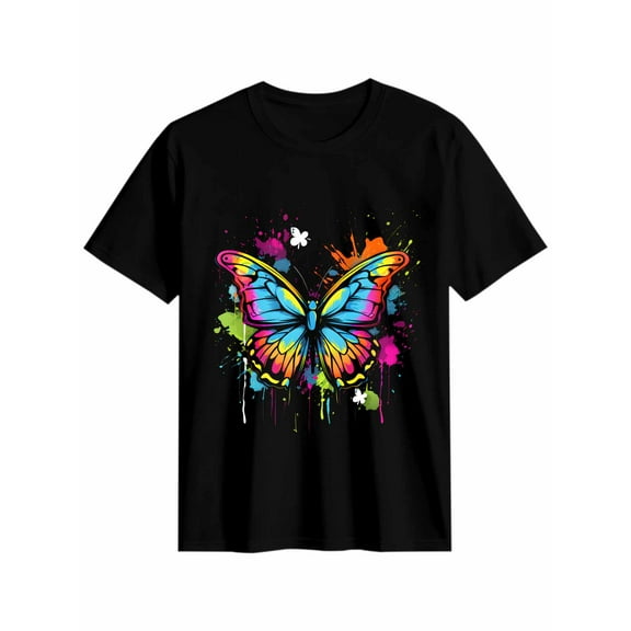 Women's T-Shirt Colored Butterfly Abstract Animal Short Sleeve Casual Tee Classic Crew Neck T Shirt for Women Black, 4XL