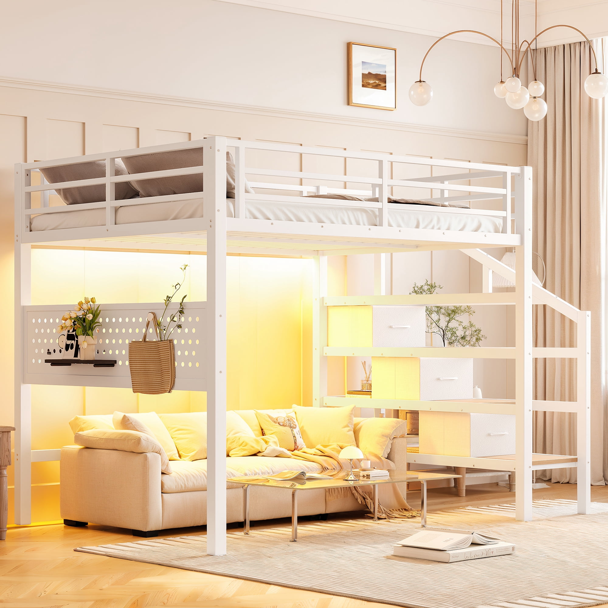 Leumius Full Size Loft Bed with Storage Stairs and Movable Desk with USB,Metal Loft Bed Frame with 3 Fabric Drawers and LED, Full-Length Guardrail and Pegboard,Antique White