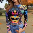 thumbnail image 6 of Mardi Gras Shirts for Women Feathers Print Carnival Crew Neck Tops Glitter Long Sleeve Holiday Tunic Tops Blue 2XL, 6 of 7