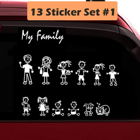 13pc Stick Figure My Family Car Sticker with Pet Dog Cat Decal for Windows Bumper