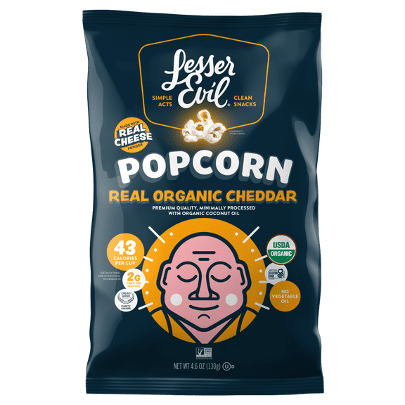 Pack of 2 LesserEvil Real Organic Cheddar Popcorn, 4.6 oz (Package May Vary)