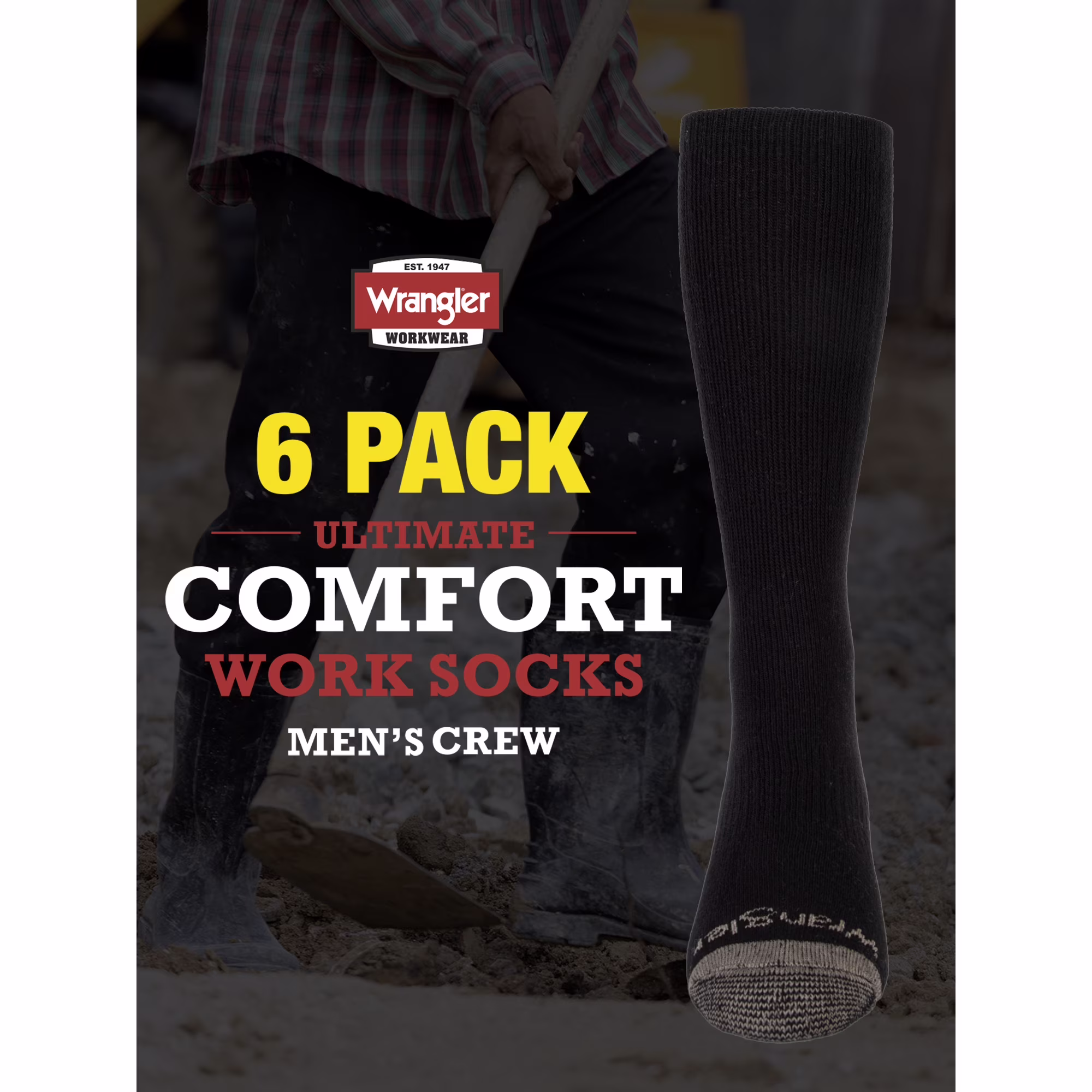 thumbnail image 5 of Wrangler Men's Ultimate Comfort Crew Socks, Work Socks for Men, Black, 6 Pack, 5 of 5
